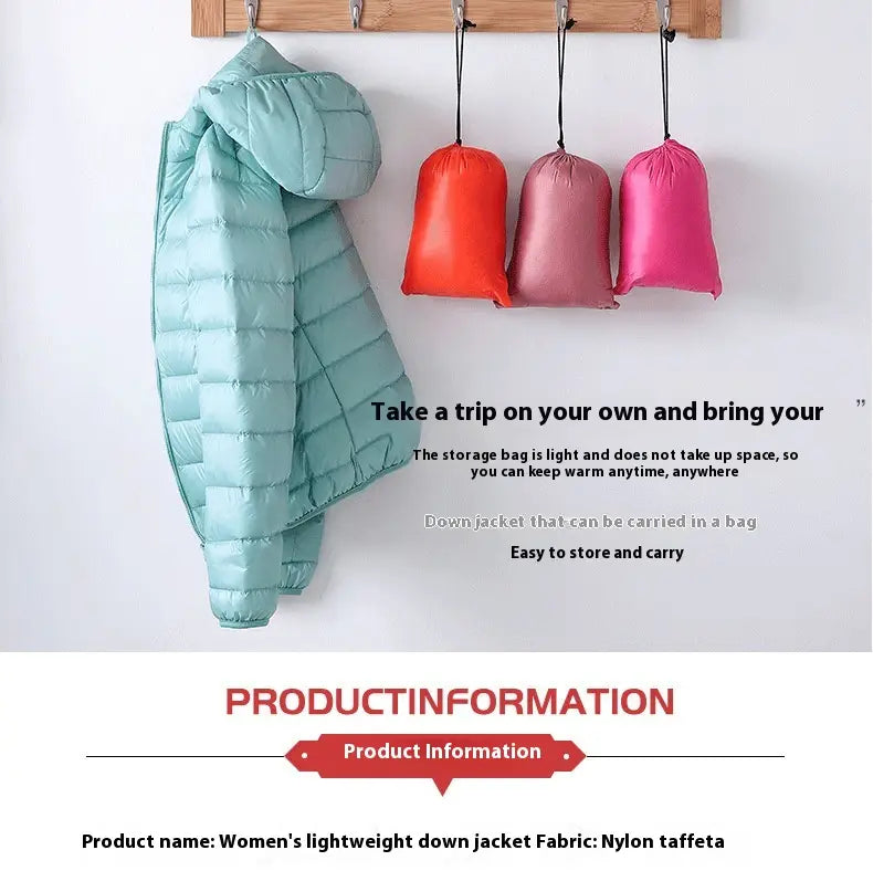 Women lightweight down hooded puffer jacket in mint green featuring a quilted design made from nylon taffeta fabric.
