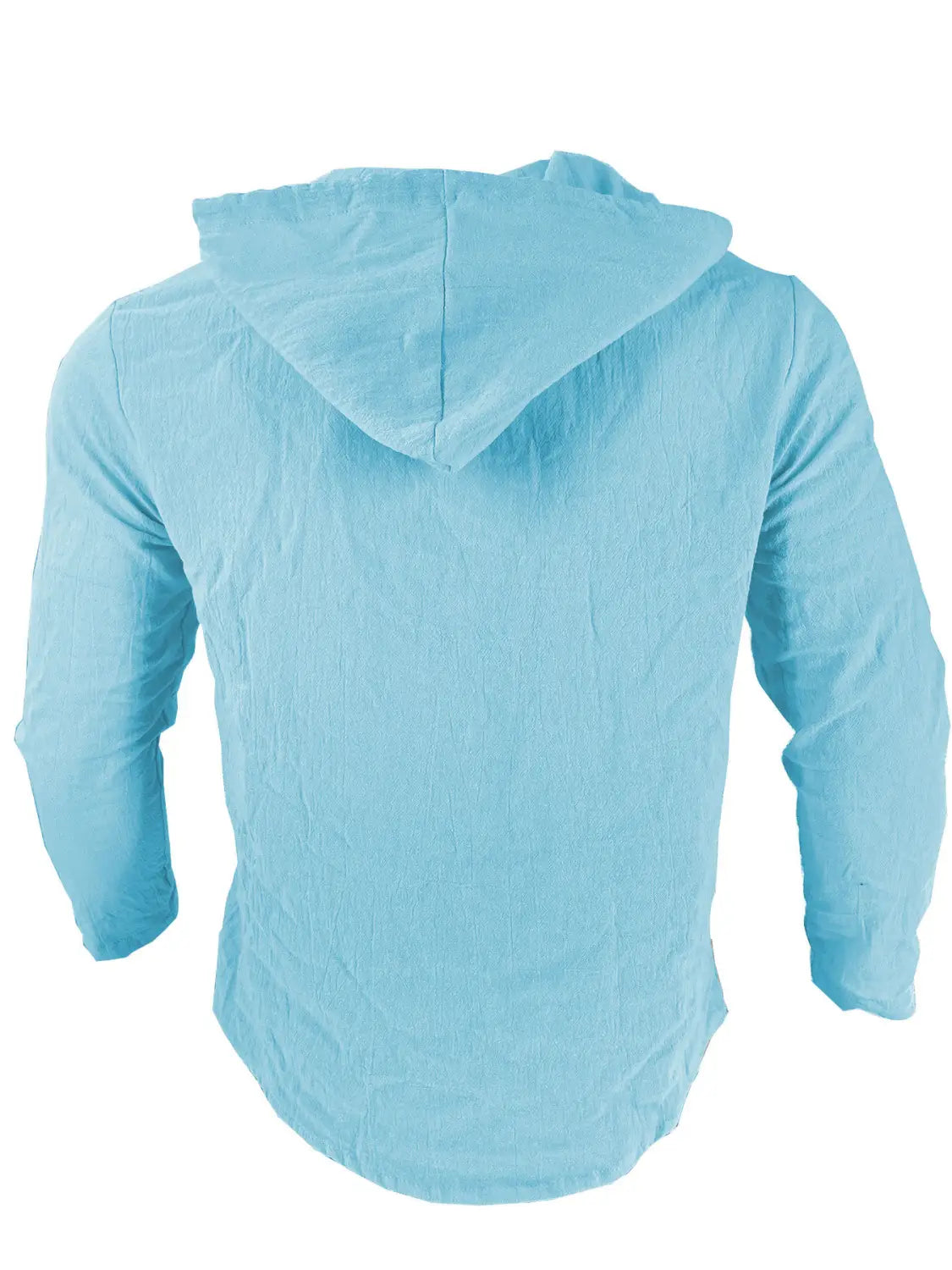 Camisa de cárdigan con capucha ligera para hombre, color azul claro, con ajuste relajado y tejido ligeramente texturizado.