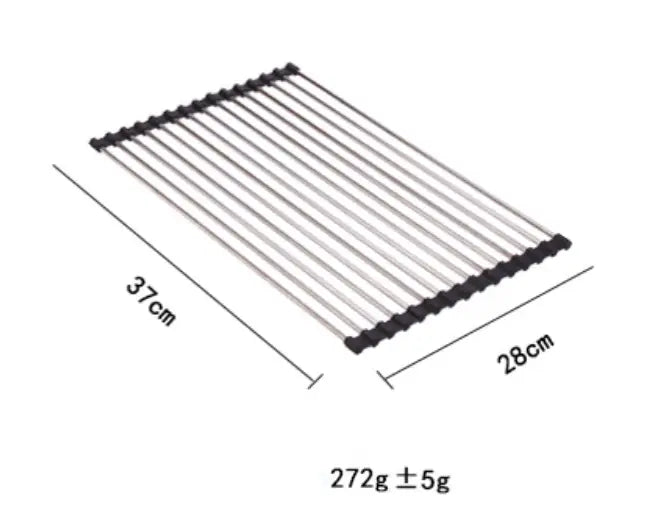 Silberne Edelstahl-Abtropfmatte für das Spülbecken mit schwarzer Kunststoff-Endkappe, 37 cm mal 28 cm