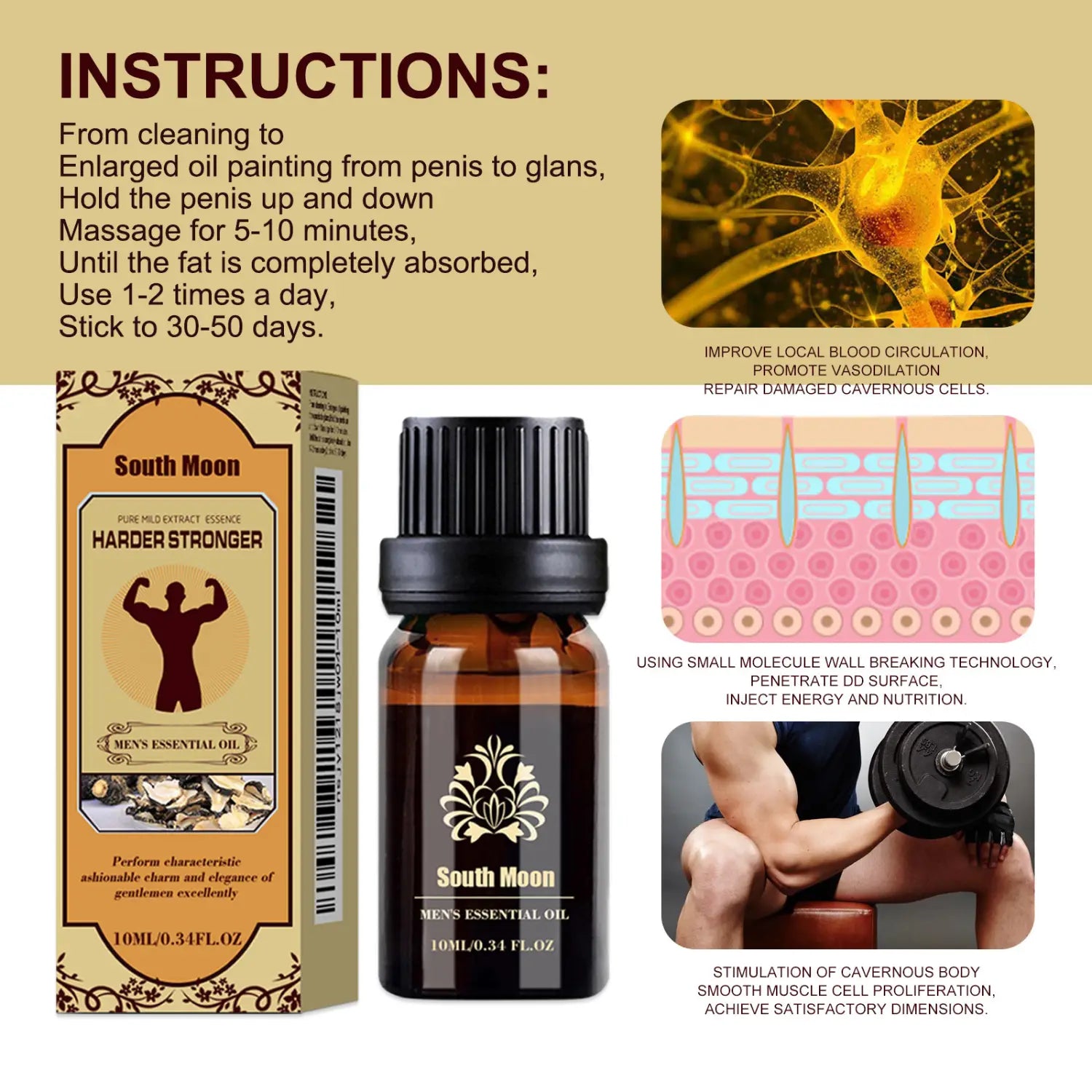 South moon men’s essential oil jojoba massage vitality in a 10ml dark amber glass bottle with a black ribbed cap and gold foil label.