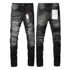 Men’s distressed slim fit patchwork denim jeans in black with subtle white stitching details and a slim fit design.