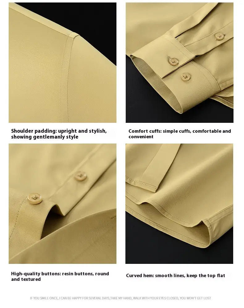 Chemise habillée en soie pour homme à manches longues, en beige, avec boutons en résine et bas arrondi.