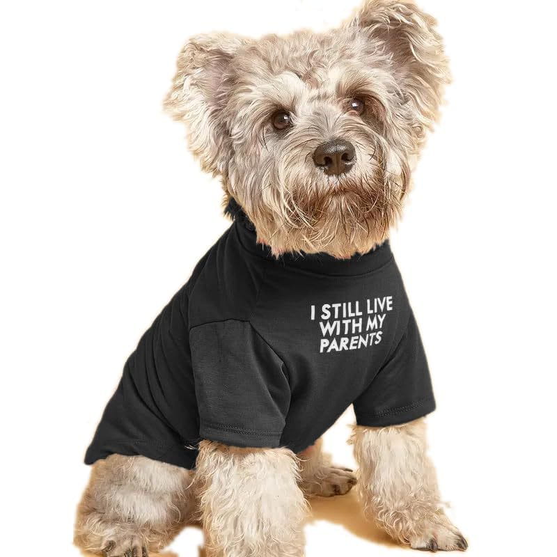 Black short-sleeved dog tee with white text i still live with my parents designed as funny pet apparel for small dog clothes.
