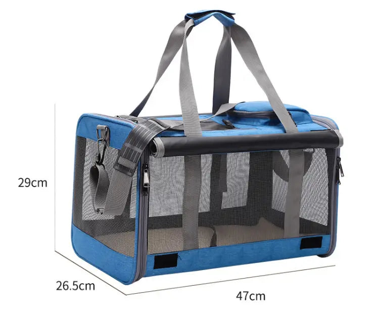 Breathable oxford pet carrier shoulder bag in blue and gray with mesh sides, sturdy handles, and a padded interior for comfortable pet transport.
