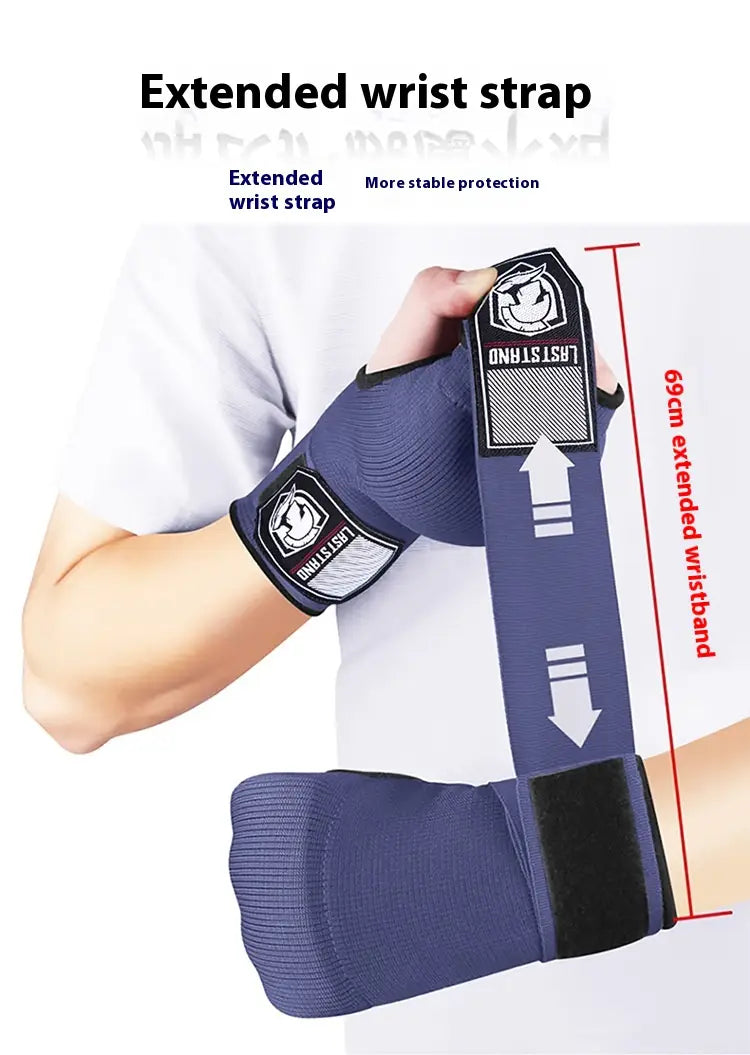 Blue and black gel boxing hand wrap gloves with extended wrist strap and mesh panel designed for more stable protection during workouts.