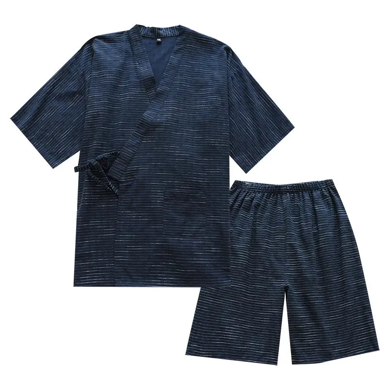 Dark blue cotton striped kimono pajama set for men featuring a short-sleeved top with subtle horizontal stripes and matching shorts.