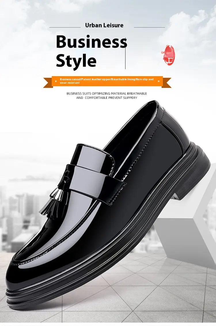 Men’s plus size business casual leather wedge shoe in black patent leather with a glossy finish and tassel detail.