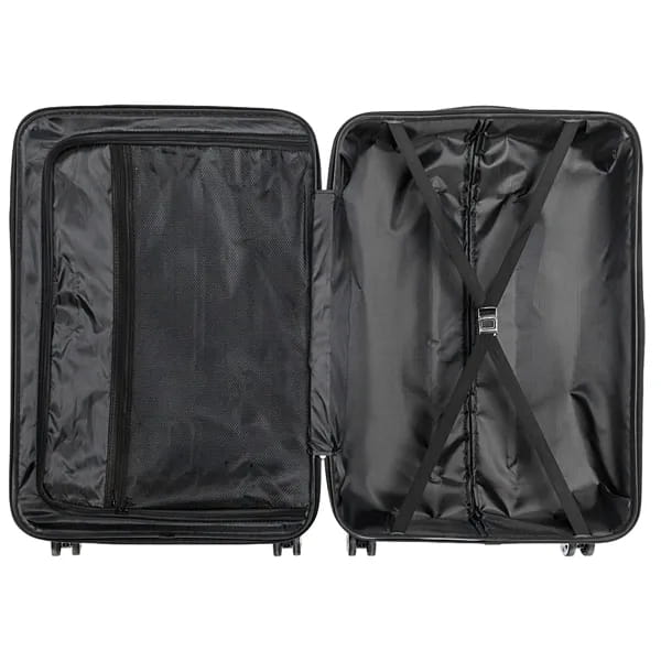 black hard shell suitcase with four wheels and internal dividers from the 3-in-1 pink hard shell large capacity suitcase set designed for organized travel.