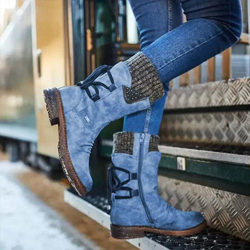 Blue suede ankle boots with brown leather soles and knitted fabric accents designed as women winter snow boots suede mid calf martin shoes.