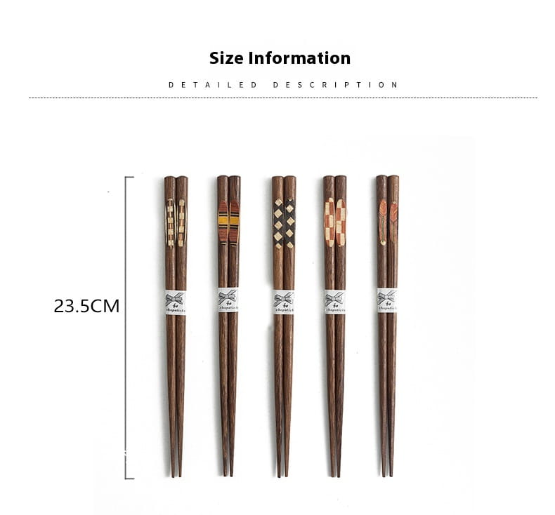Set of five dark brown wooden chopsticks with unique inlaid patterns and white bands near the top from a wooden chopsticks set with non slip tips 10 pairs.