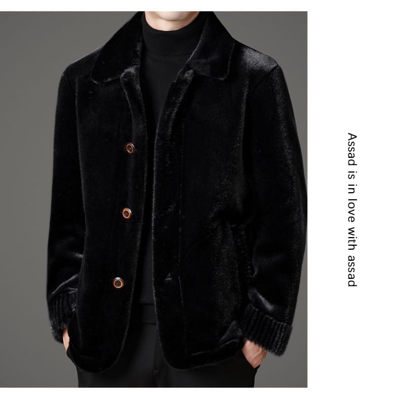 Black faux fur winter coat for men with plush velvety texture and copper toned buttons.