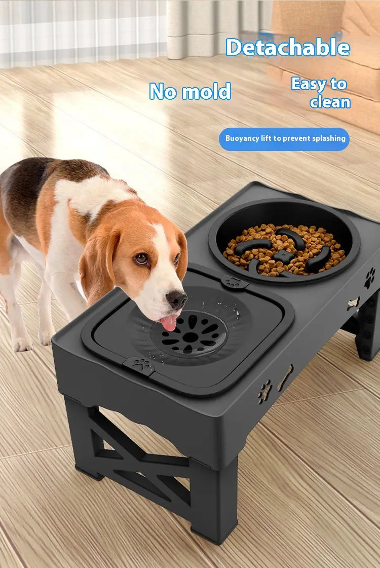 Bol d’alimentation pour animaux réglable double en acier inoxydable noir, avec station d’alimentation amovible, agrémentée d’empreintes de patte, conçue pour un nettoyage facile.