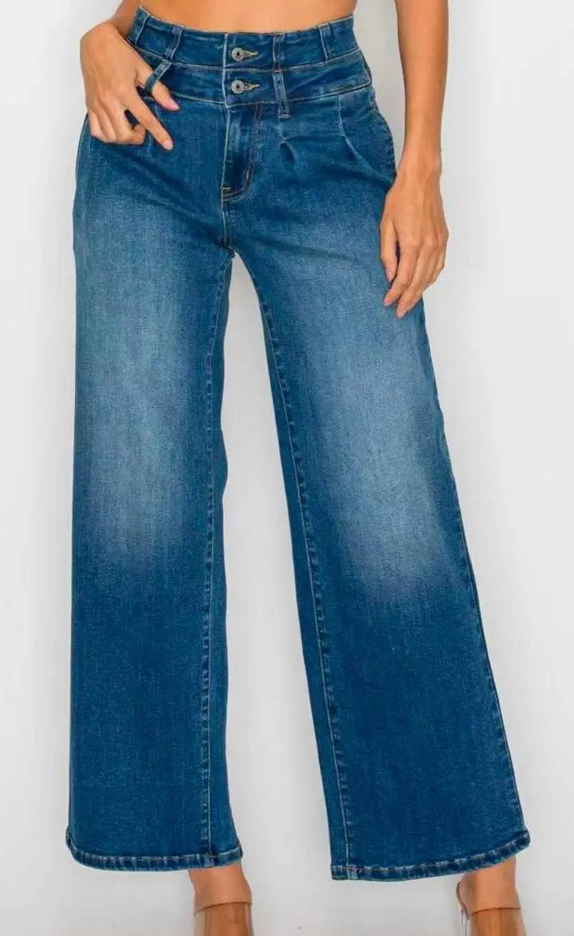medium blue high-waisted wide-leg denim jeans made from blue denim with a double-button front closure.