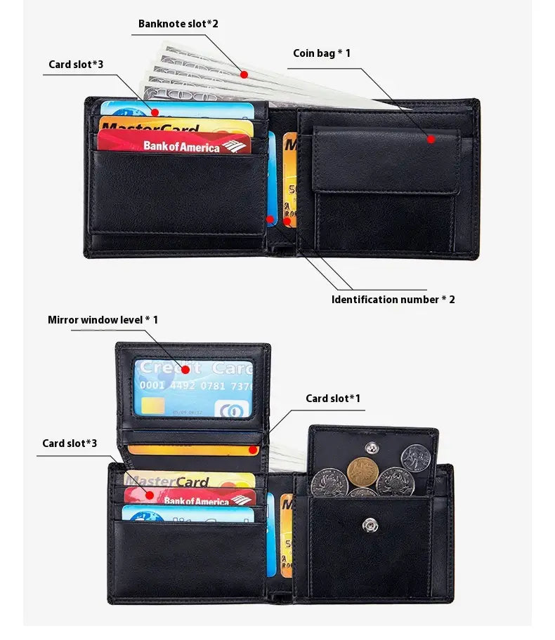 Men’s genuine leather black bifold wallet with multiple card slots coin pocket and identification window.