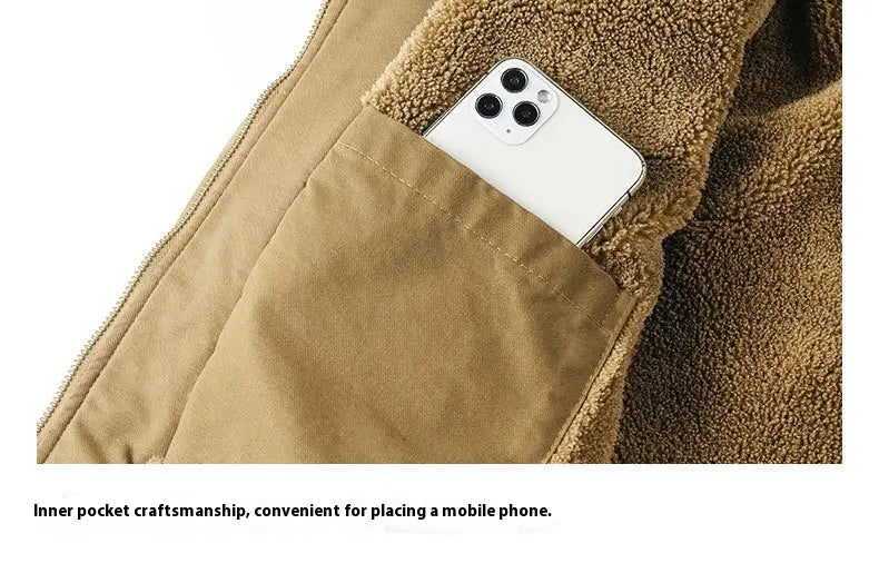 Men cotton shearling bomber jacket in tan with shearling lining and quilted inner pocket for secure phone storage.