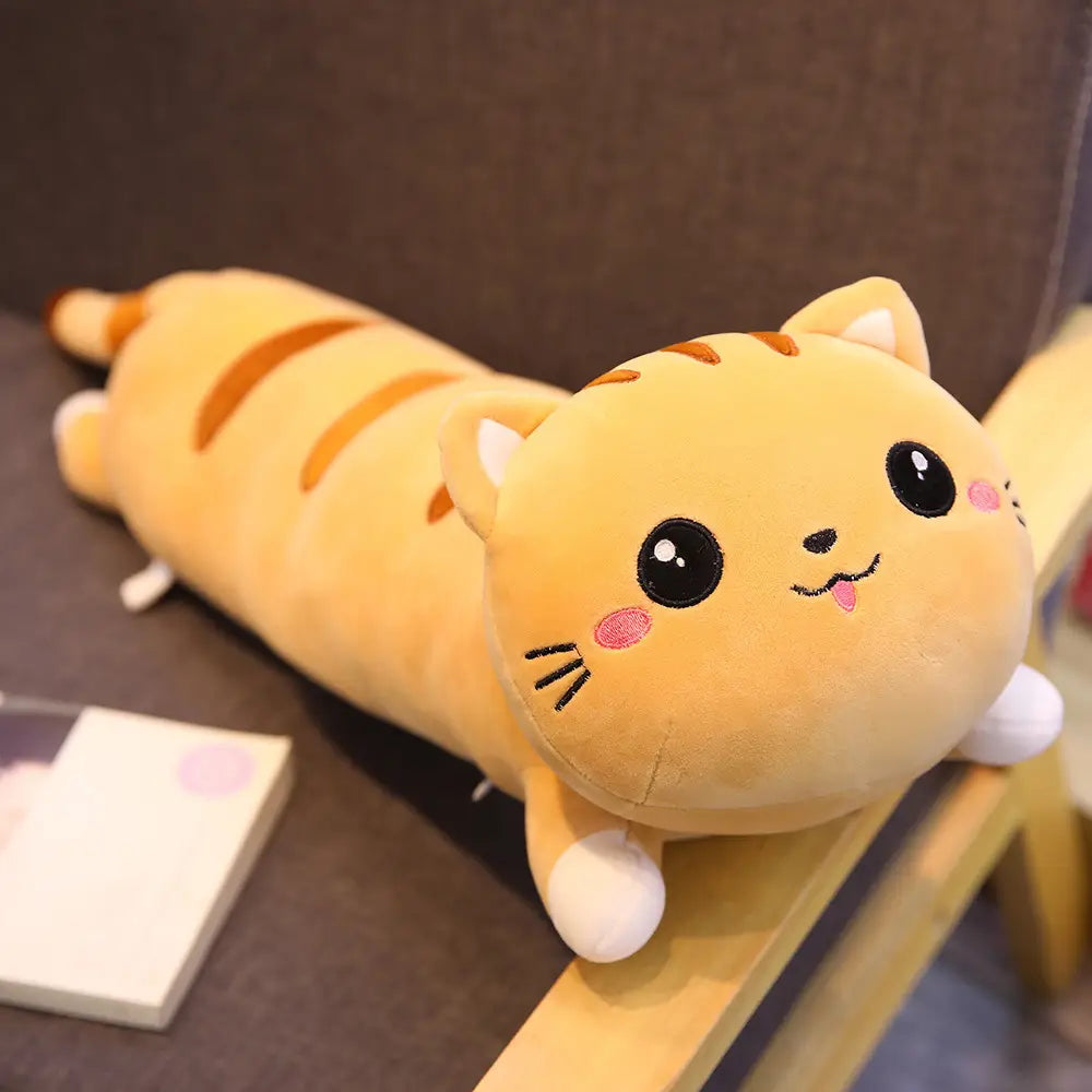 A plush cat plush doll pillow soft stuffed animal toy featuring a long yellow body with orange stripes and white paws.