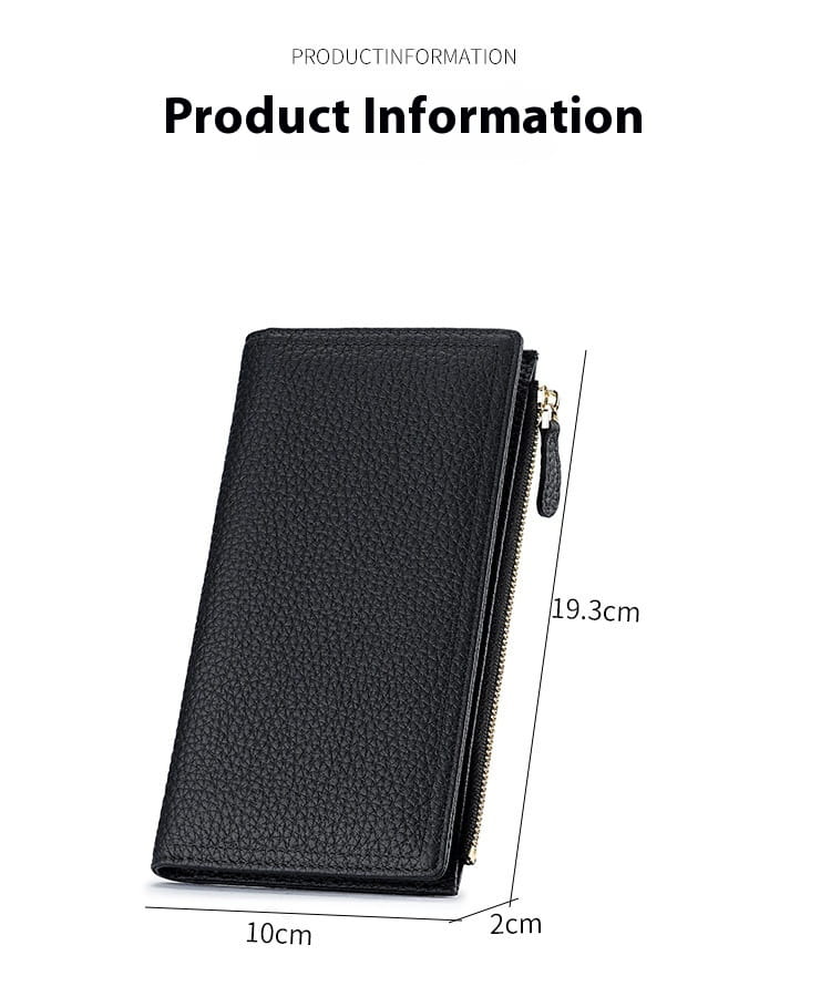 Black textured cowhide leather anti theft RFID long zip wallet with a zipper closure and metallic pull tab.