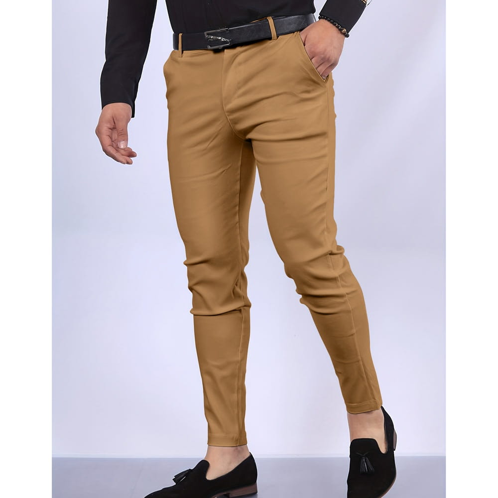 Men’s slim fit modern cotton blend pencil trousers in tan featuring a smooth fabric finish and belt loops.