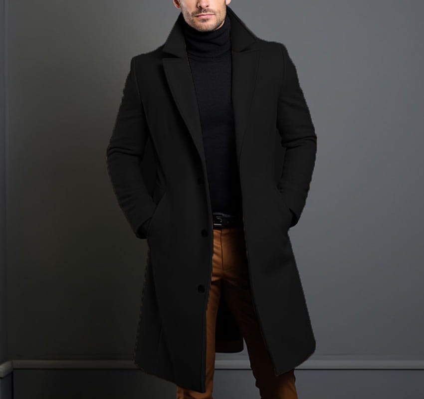 Black wool overcoat with notched lapels and front buttons for men suitable as a dark gray woolen trench coat business overcoat.
