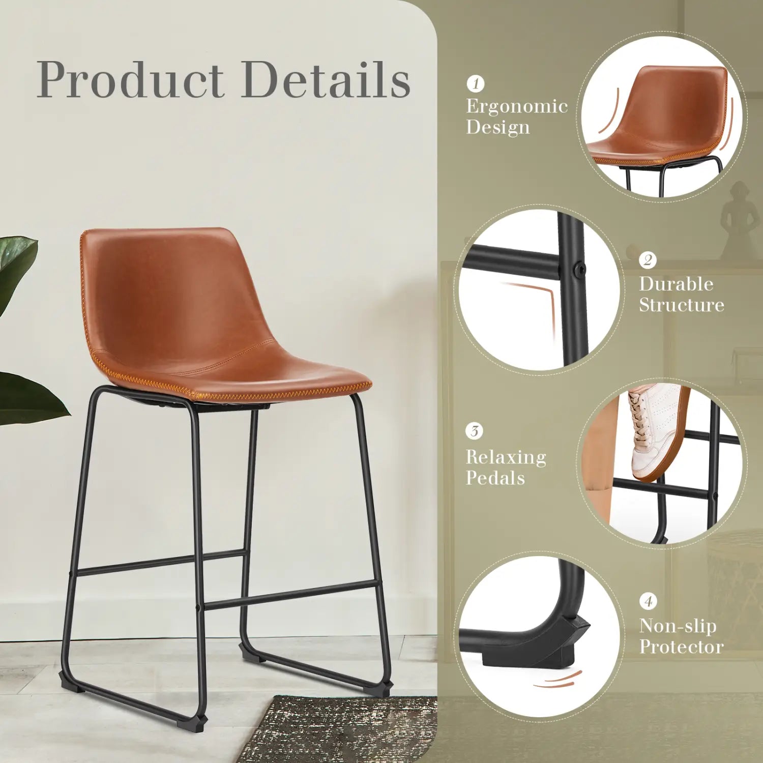 Tabouret de bar en cuir marron avec pieds en métal noir et repose-pieds, faisant partie d’un ensemble de 2 tabourets de bar en cuir, chaises de comptoir de style milieu du siècle