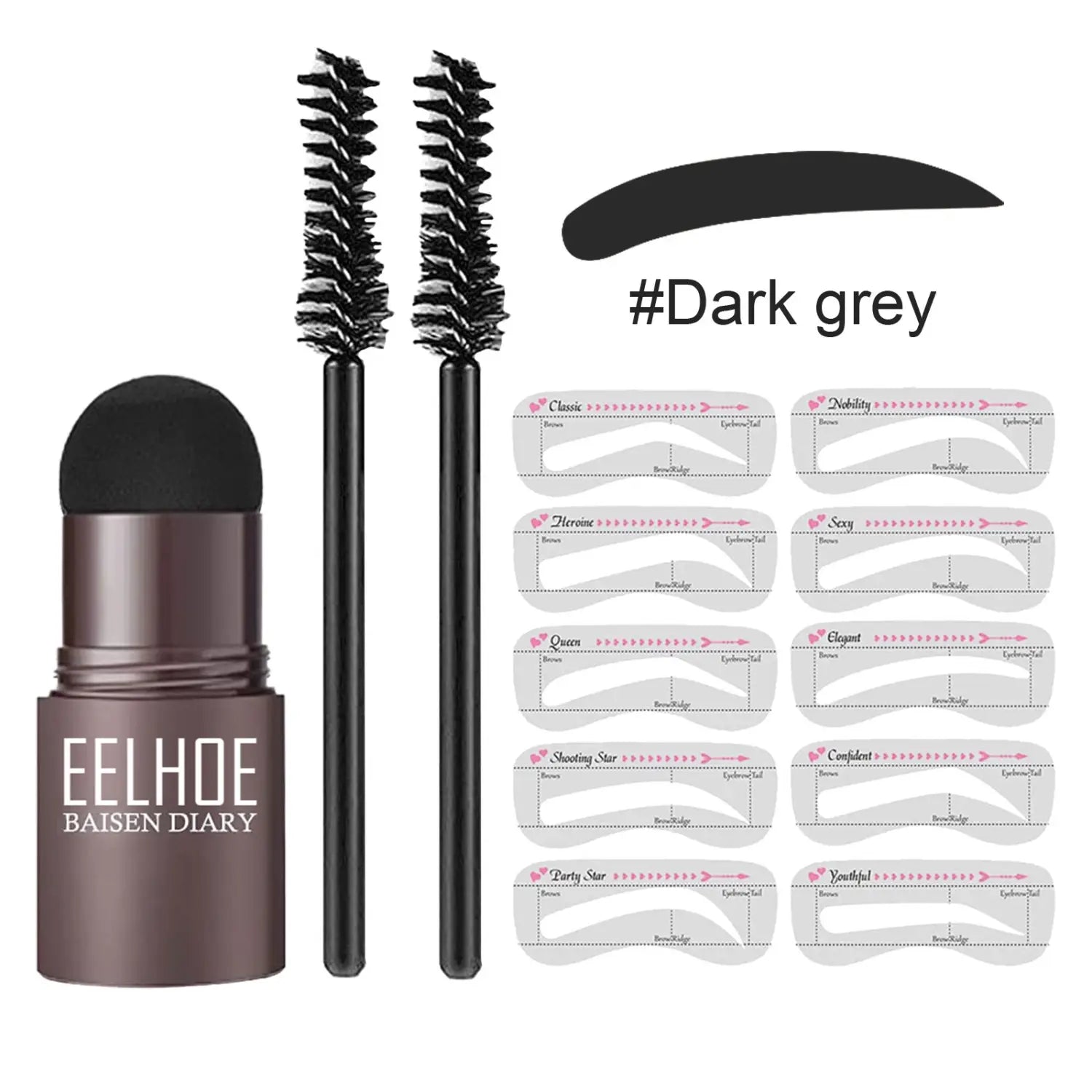 dark grey eyebrow pencil in a matte brown tube with black brush applicator and matching stencil guides from an eyebrow powder stencil kit with stamp and pencil