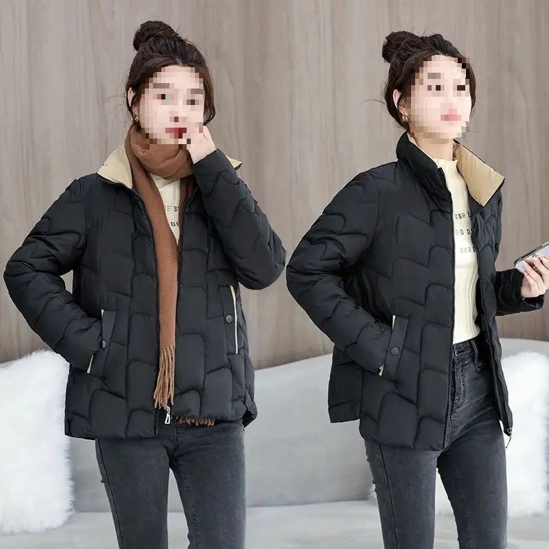 Black quilted cotton padded coat Korean style jacket featuring a beige collar and zipper accents.