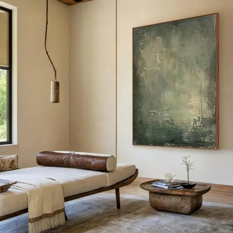 Eine große grüne geometrische abstrakte Wabi-Sabi-Leinwand-Wandkunst mit strukturierten, gedämpften Grüntönen und beigen Akzenten in einem schlichten Holzrahmen.