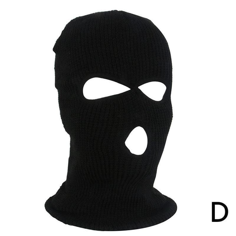 Bonnet cagoule tricoté noir, avec des découpes pour les yeux et la bouche, conçu comme un masque chaud pour le cyclisme.