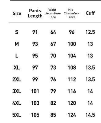 The table displays size measurements for waist and hip circumference of anti-mosquito casual athletic trousers.
