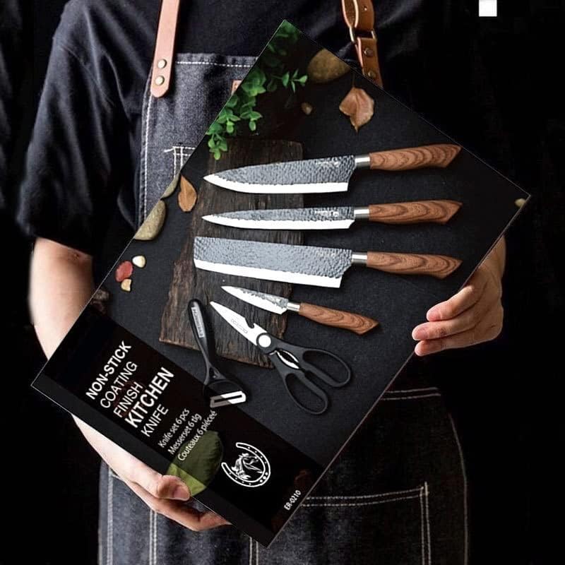 A sleek black box displaying a six piece hammered steel kitchen knife set with wooden handles and a pair of black handled scissors.