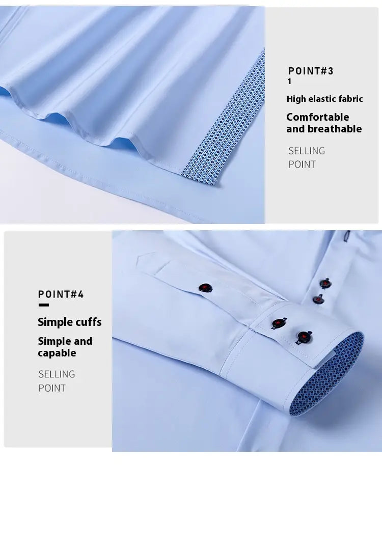 Herren-Kragenhemd mit Kontrastkragen aus hellblauem, hochelastischem Stoff mit schlichten Bündchen und atmungsaktiver Mesh-Innenfutter-Ausführung.