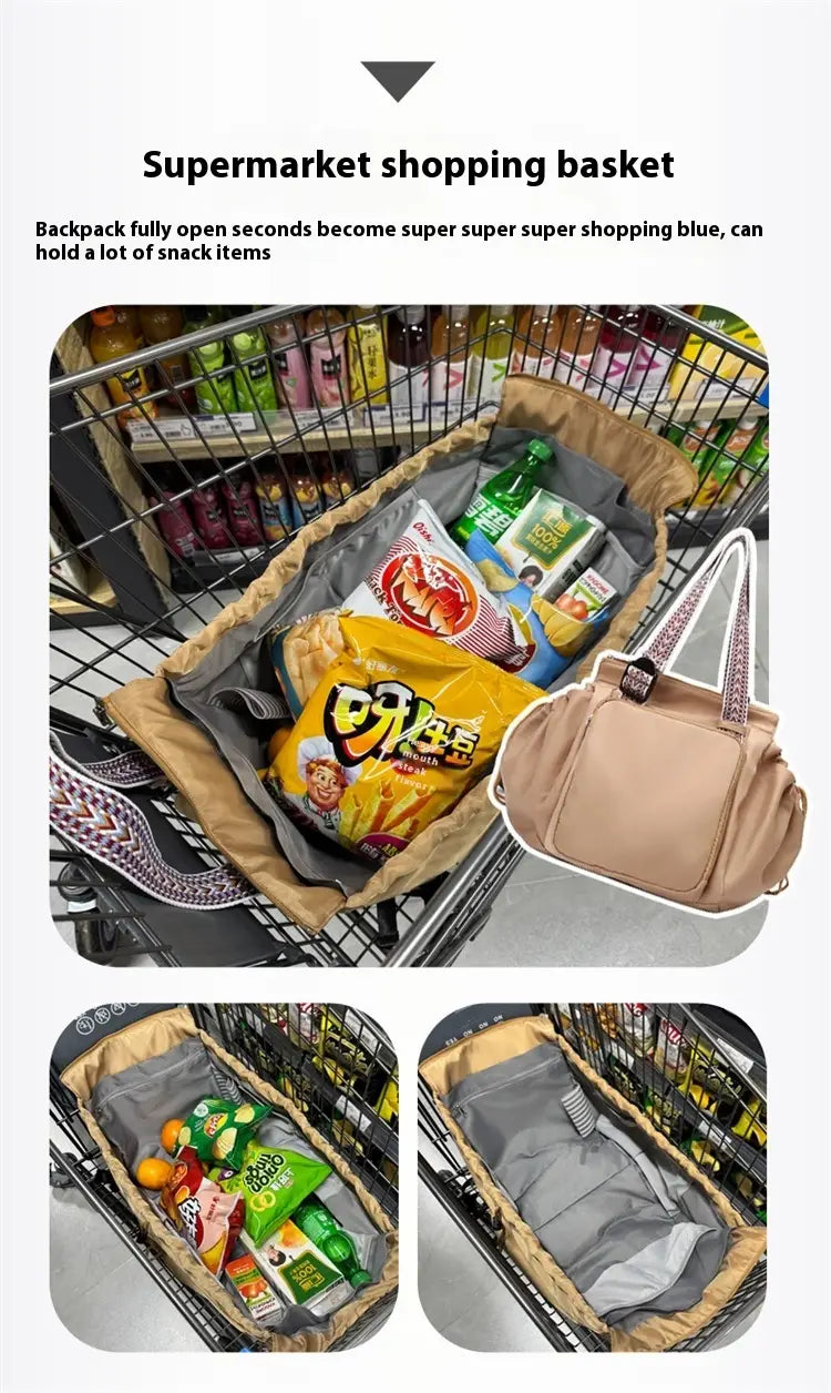 beige multifunctional waterproof nylon tote and backpack with gray interior lining and patterned shoulder straps
