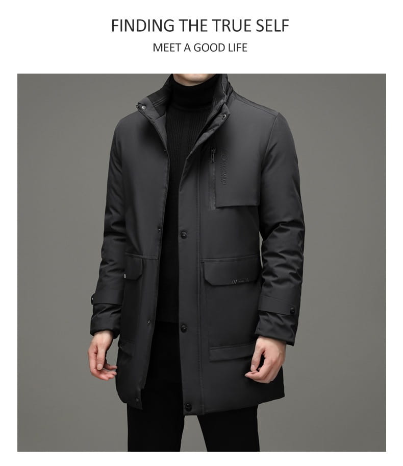 Abrigo de invierno acolchado con capucha negro para hombre con diseño moderno y elegante y múltiples bolsillos.