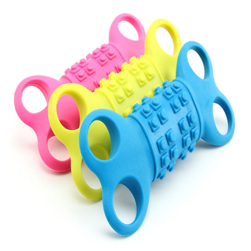 silicone bone dog chew toys with textured handles in bright pink yellow and blue made of durable silicone for improved grip and pet chewing enjoyment