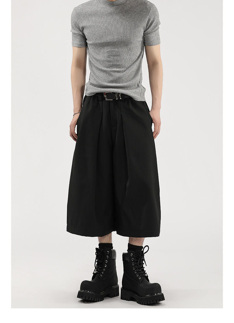 Short de costume pour hommes à jambes larges plissées noir à taille haute et bas droit, conçu pour les occasions formelles