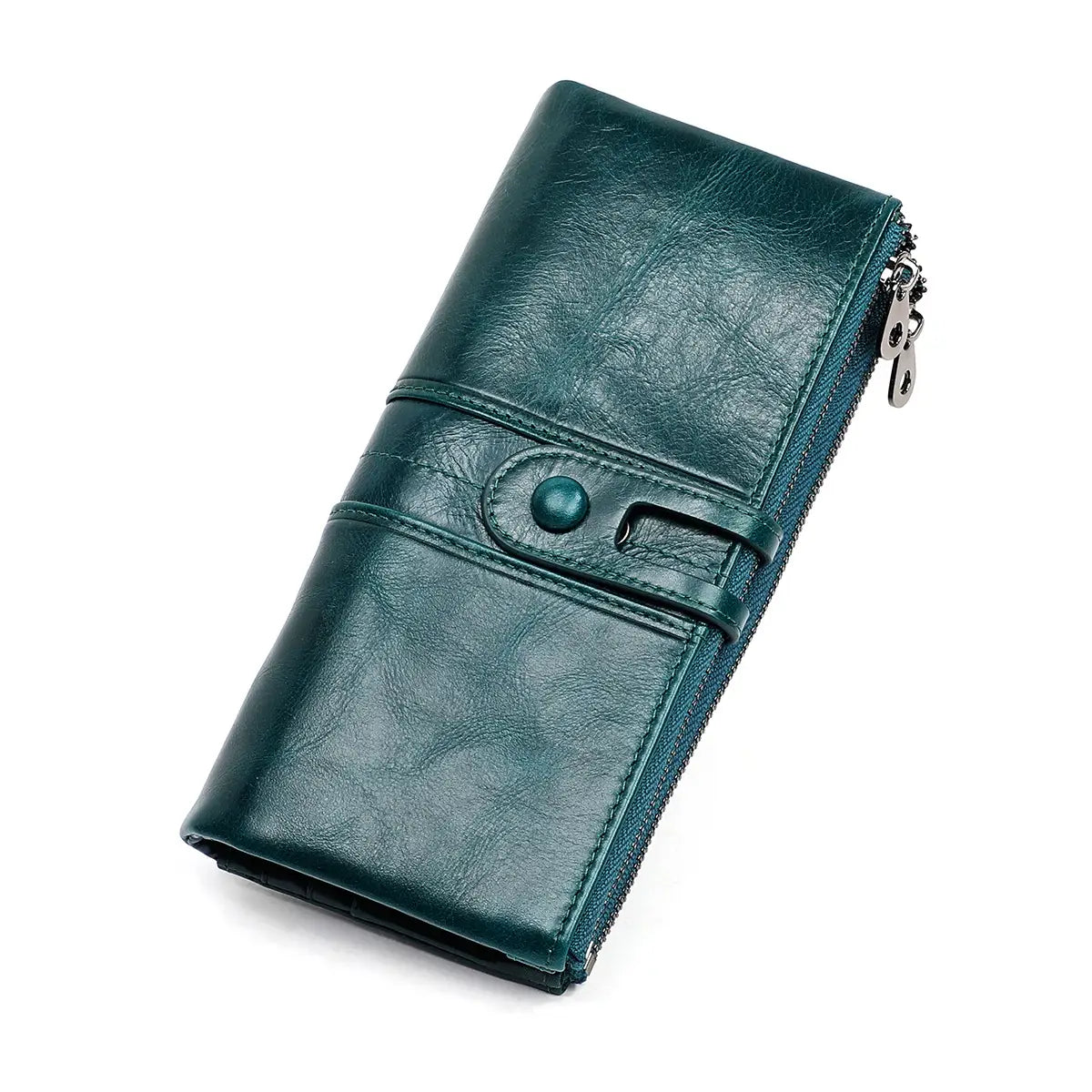 Dark green first layer cowhide leather tri-fold wallet with zipper closure and button fastening detail.