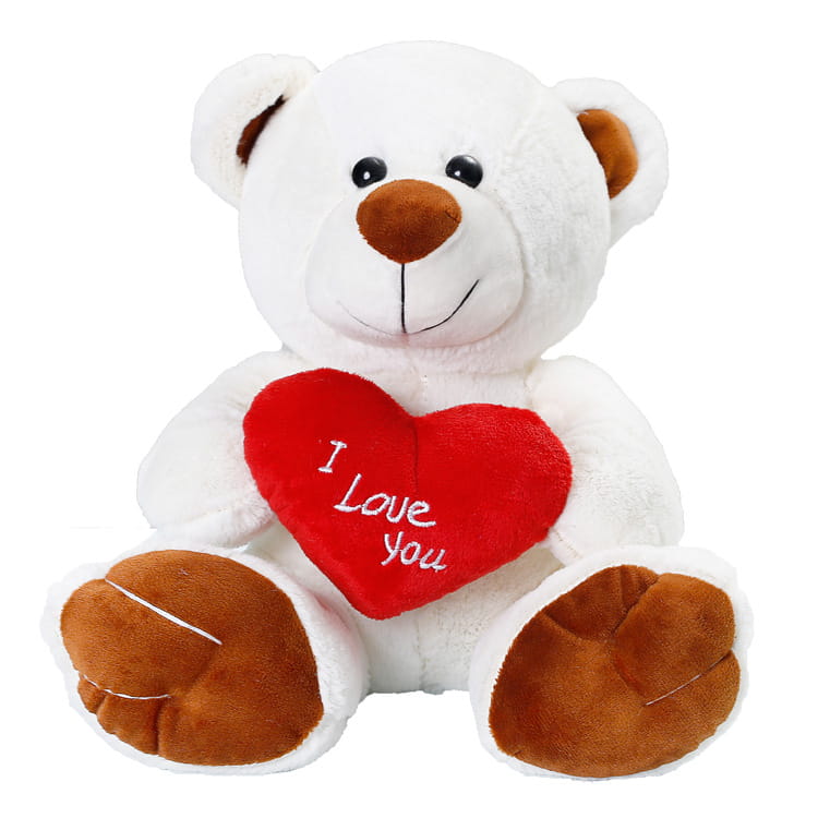 Weißer Plüsch-Teddybär mit braunen Ohren, Nase und Pfoten, der ein rotes Herz mit dem Text „i love you“ hält, mit einer Satin-Schleife, 25 cm großes Puppen-Plüschtier.