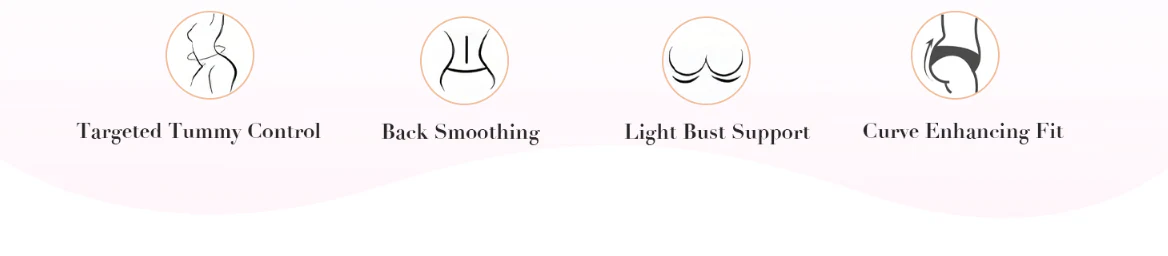 La imagen muestra cuatro iconos circulares que ilustran los beneficios de la faja colombiana de control del abdomen, modelador corporal, incluyendo control específico del abdomen, suavizado de la espalda, soporte ligero para el busto y un ajuste que realza la curva.