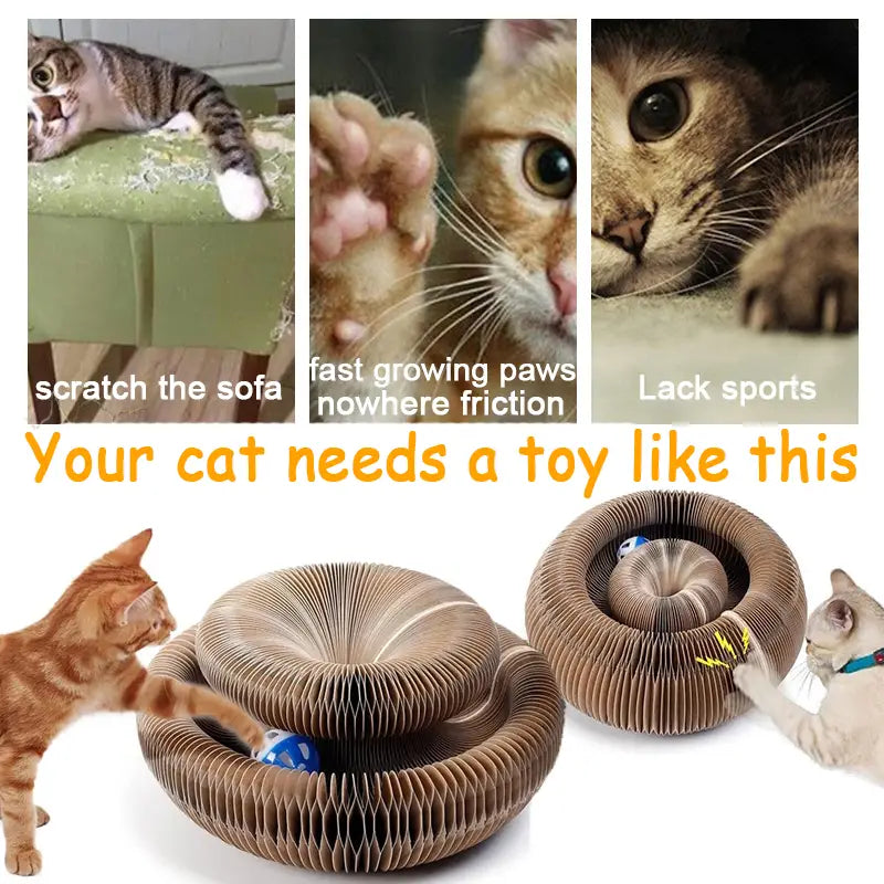 Juguete rascador plegable magnético para gatos con tablero de cartón corrugado marrón, con diseño en espiral y bola integrada para el entretenimiento felino.