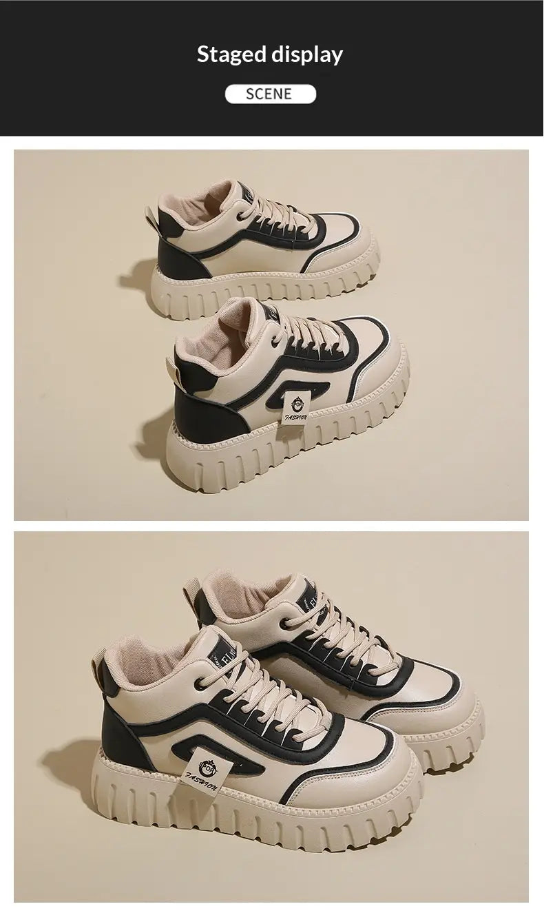 Cream-colored women’s chunky platform breathable high top sneakers with ridged sole and beige suede accents.