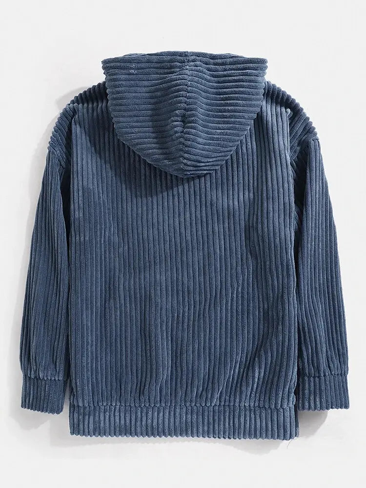 Homme : hoodie premium en velours côtelé bleu marine à épaules tombantes, avec une texture côtelée et une capuche assortie.
