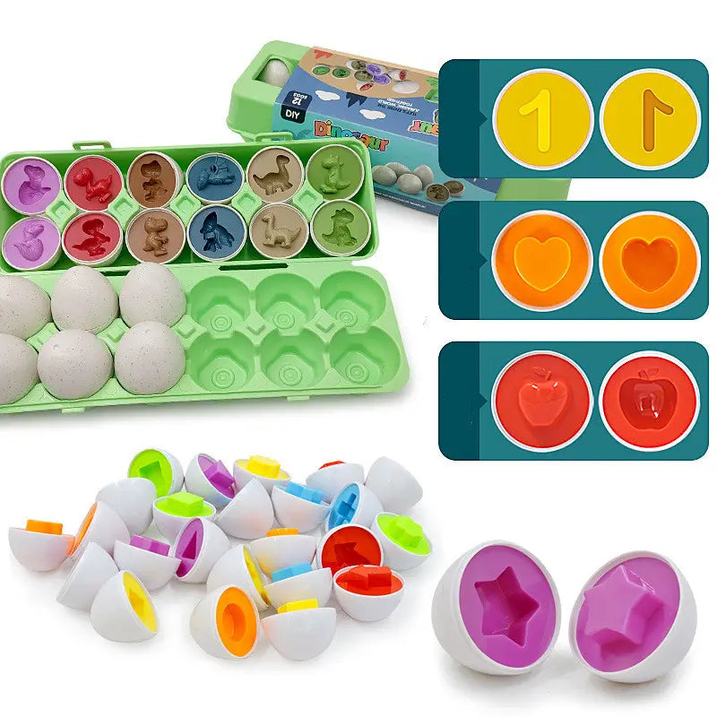 montessori matching egg toy shape and color sorter set featuring colorful plastic dinosaur egg-shaped diy craft kit with molded inserts in a green tray.