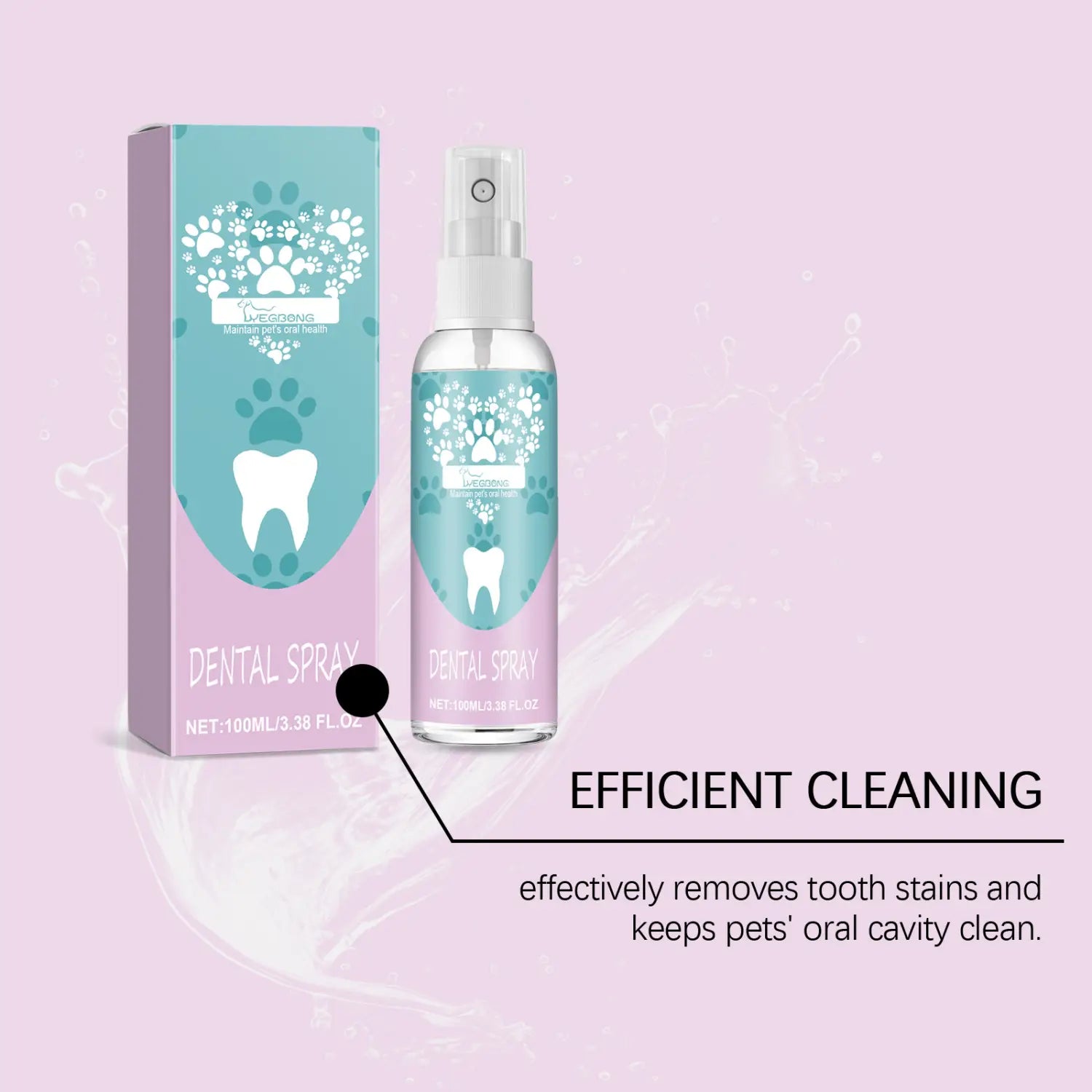 Un vaporisateur transparent doté d’une pompe blanche et d’une étiquette turquoise, avec des motifs d’empreintes de patte et un design de dent, contenant 100 ml de spray dentaire pour animaux de compagnie pour l’hygiène bucco-dentaire et le rafraîchissement de l’haleine.