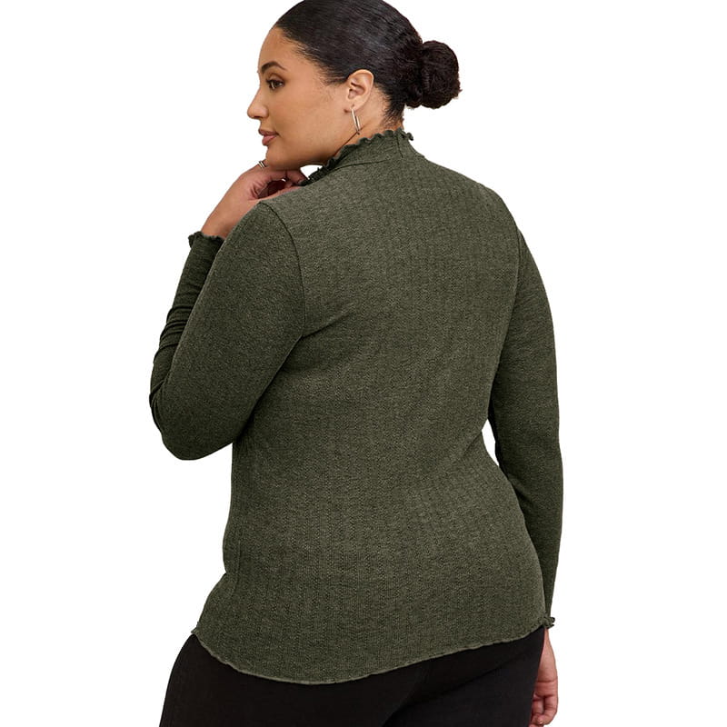 Women’s ruffled ribbed knit slim fit mock neck top in olive green featuring a textured knit fabric with a high ruffled neckline and long sleeves.
