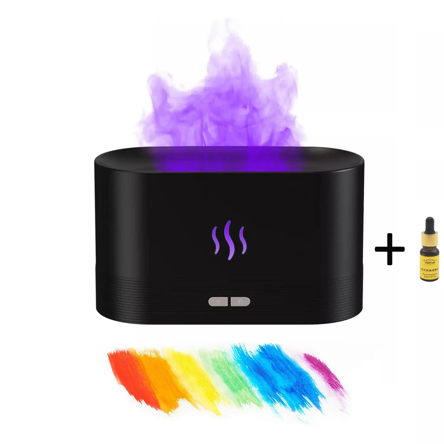 Black rectangular essential oil diffuser with purple LED lights and glowing vapor effect designed as a flame humidifier RGB aroma diffuser with 180ml capacity.