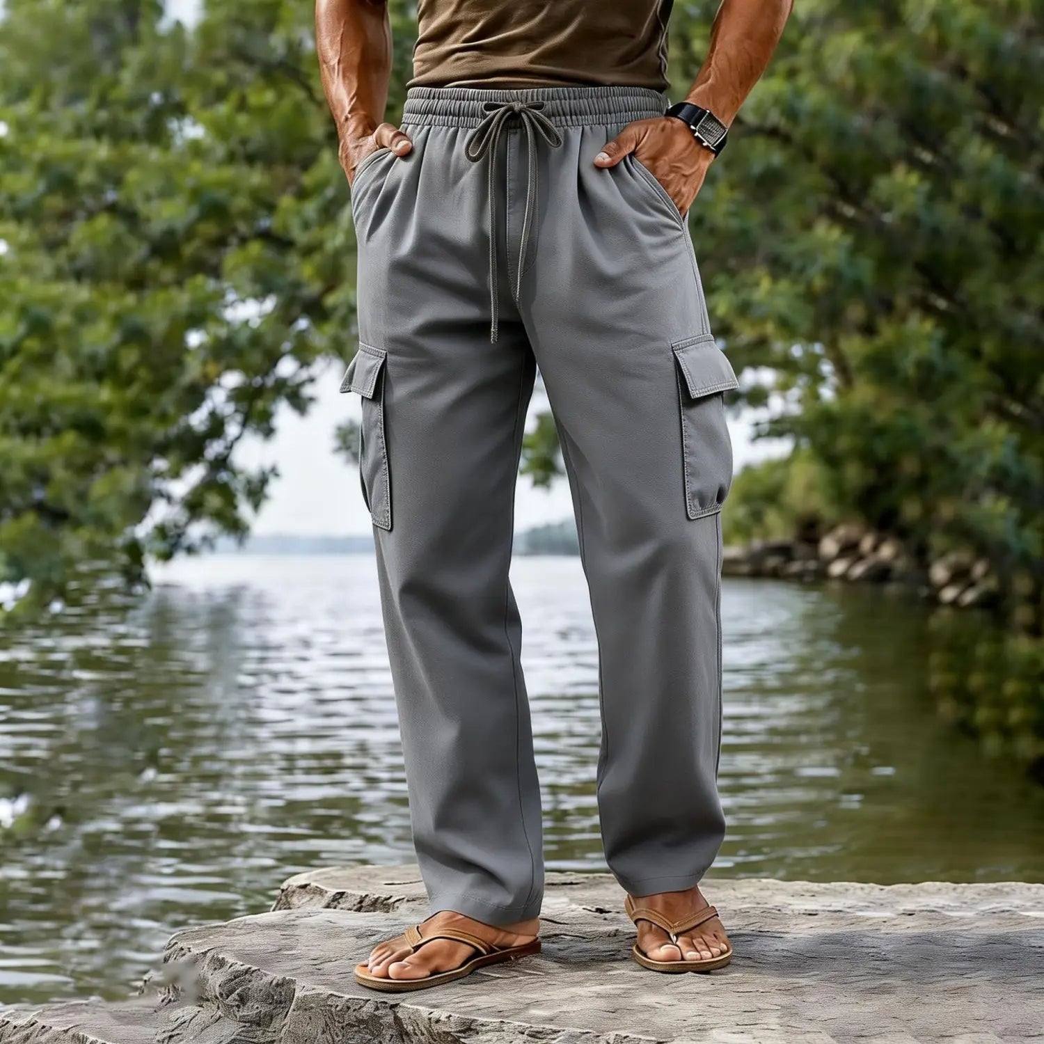 Men cotton linen cargo pants casual straight leg with a drawstring waist and multiple pockets in gray color.