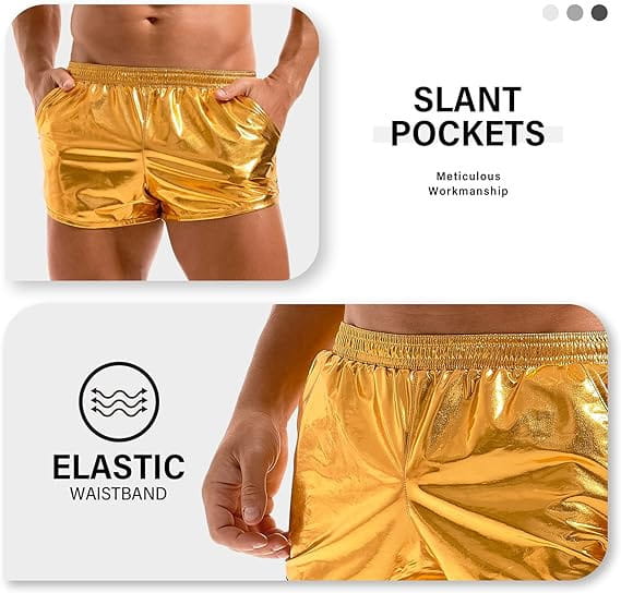 mens shiny metallic casual shorts in gold metallic fabric with slant pockets and an elastic waistband.