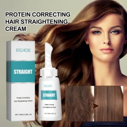Un flacon blanc élégant de crème coiffante pour cheveux lissés correctrice de protéines Eelhoe 60 ml, avec un distributeur assorti et une étiquette turquoise minimaliste.