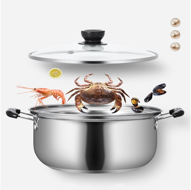 Shiny stainless steel stockpot with black handles and clear glass lid from the stainless steel induction cookware set 5 pieces.