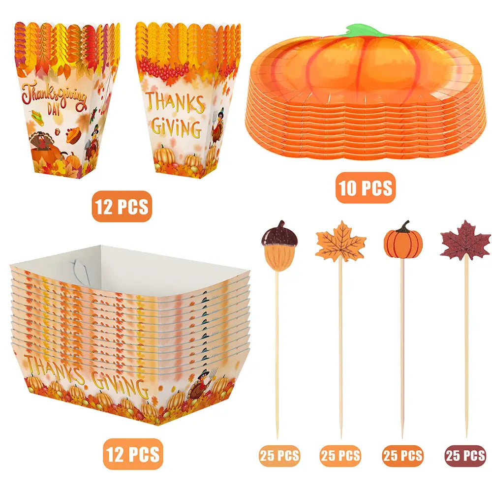 Thanksgiving pumpkin paper plates feature an orange color with a ridged texture and green stem detail, designed for festive tableware use.